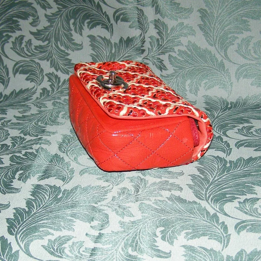 RARE Chanel Red Mini Patent Leather Woven Stitch Tweed Flap Bag